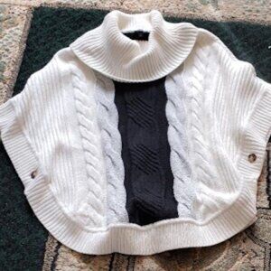 Talbot's White-and-Black Cable Knit Turtle Neck Poncho